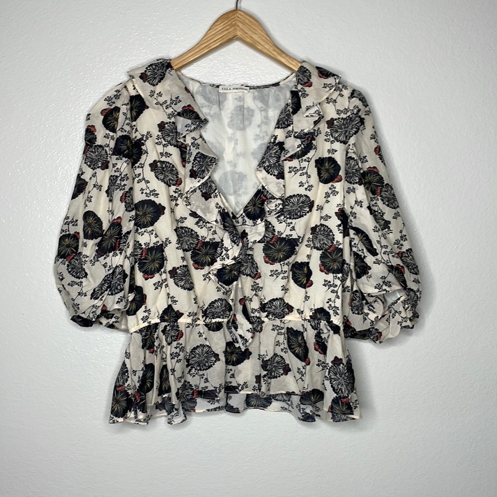 Ulla Johnson Womens Cream Nadya Floral Print Blouse Ruffles Peplum sz 14